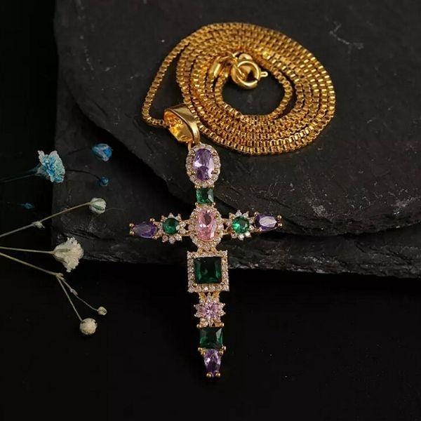 Vintage-Inspired Colorful CZ Gold Cross Necklace - Ella Moore