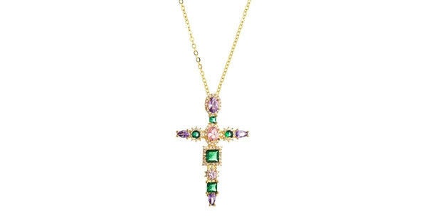 Vintage-Inspired Colorful CZ Gold Cross Necklace