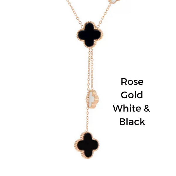 2 in 1 White and Black Reversible Tassel Four Leaf Rose Gold Clover Necklace - Ella Moore