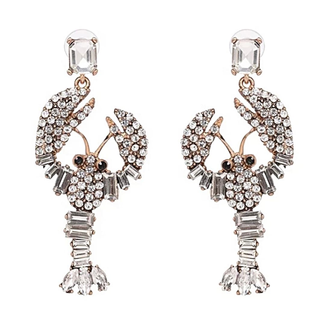 White Clear Rhinestone Lobster Gold Dangling Earrings - Ella Moore