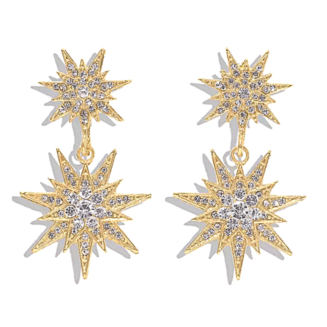 White Clear Radiant Rhinestone Double Snowflake Star Dangling Earrings - Ella Moore