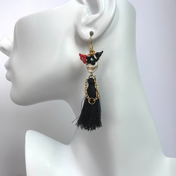 White Head Black Dress Triple Flower Lady Tassel Handmade Skeleton Skull Earrings - Ella Moore