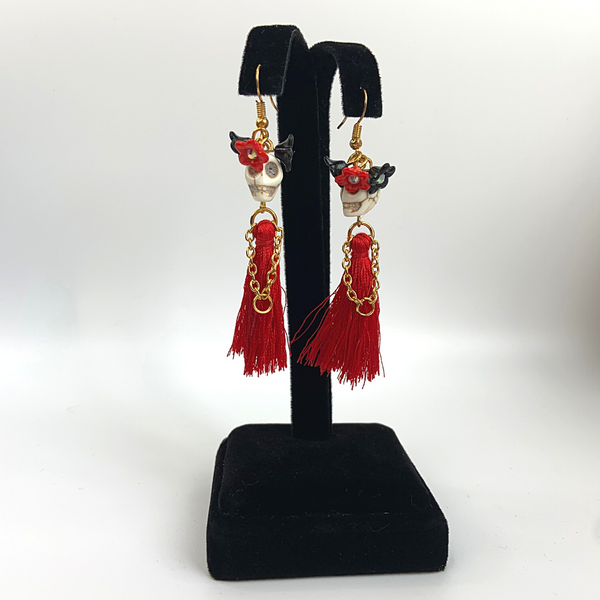 White Head Red Dress Flower Lady Tassel Handmade Skeleton Skull Earrings - Ella Moore