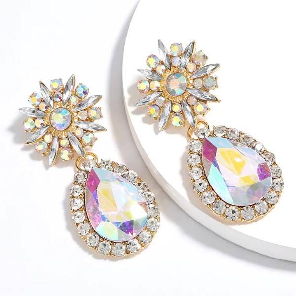 White Large Bold Glamorous Colorful Rhinestone Teardrop Earrings - Ella Moore