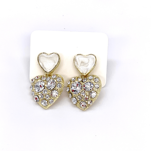 White Glamorous Petite CZ & Enamel Double Heart Gold Earrings - Ella Moore