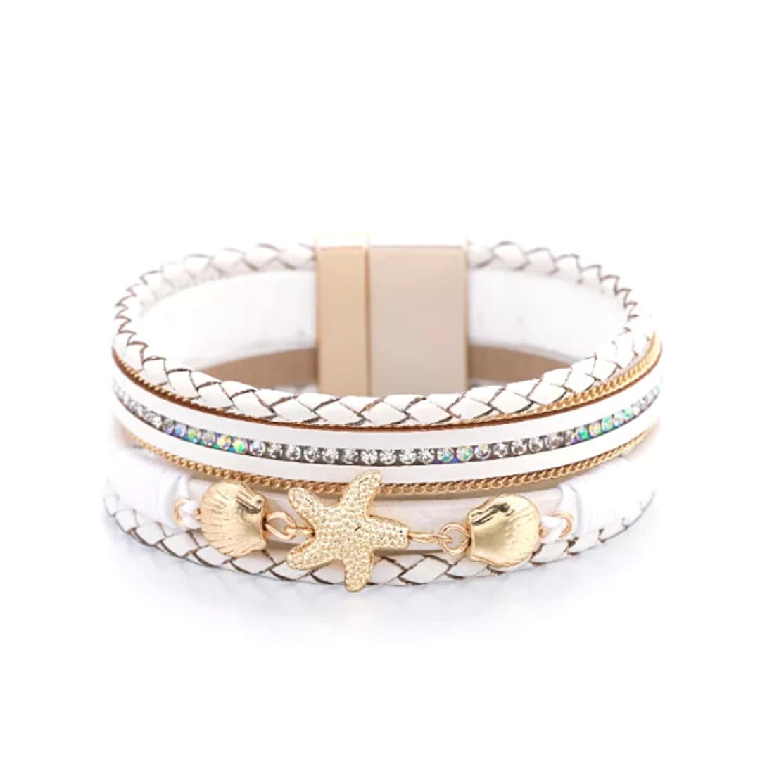 White Rhinestone Seashell and Starfish Wrap Leather Bracelet - Ella Moore