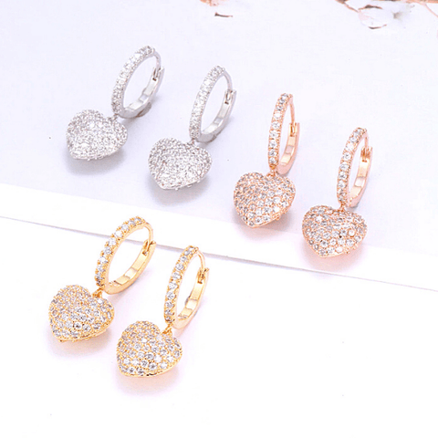 White, Yellow or Rose gold CZ Dangling Heart Earrings - Ella Moore