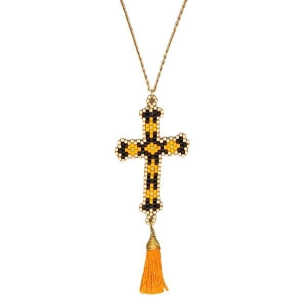 Yellow Bohemian Hand-made Mikyuki Seed Bead Gold Cross Necklace - Ella Moore