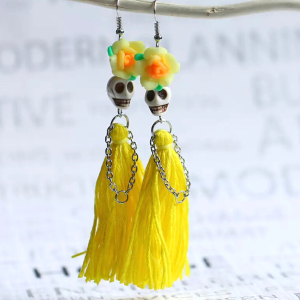 Yellow Flower Lady Handmade Tassel Skeleton Skull Earrings - Ella Moore
