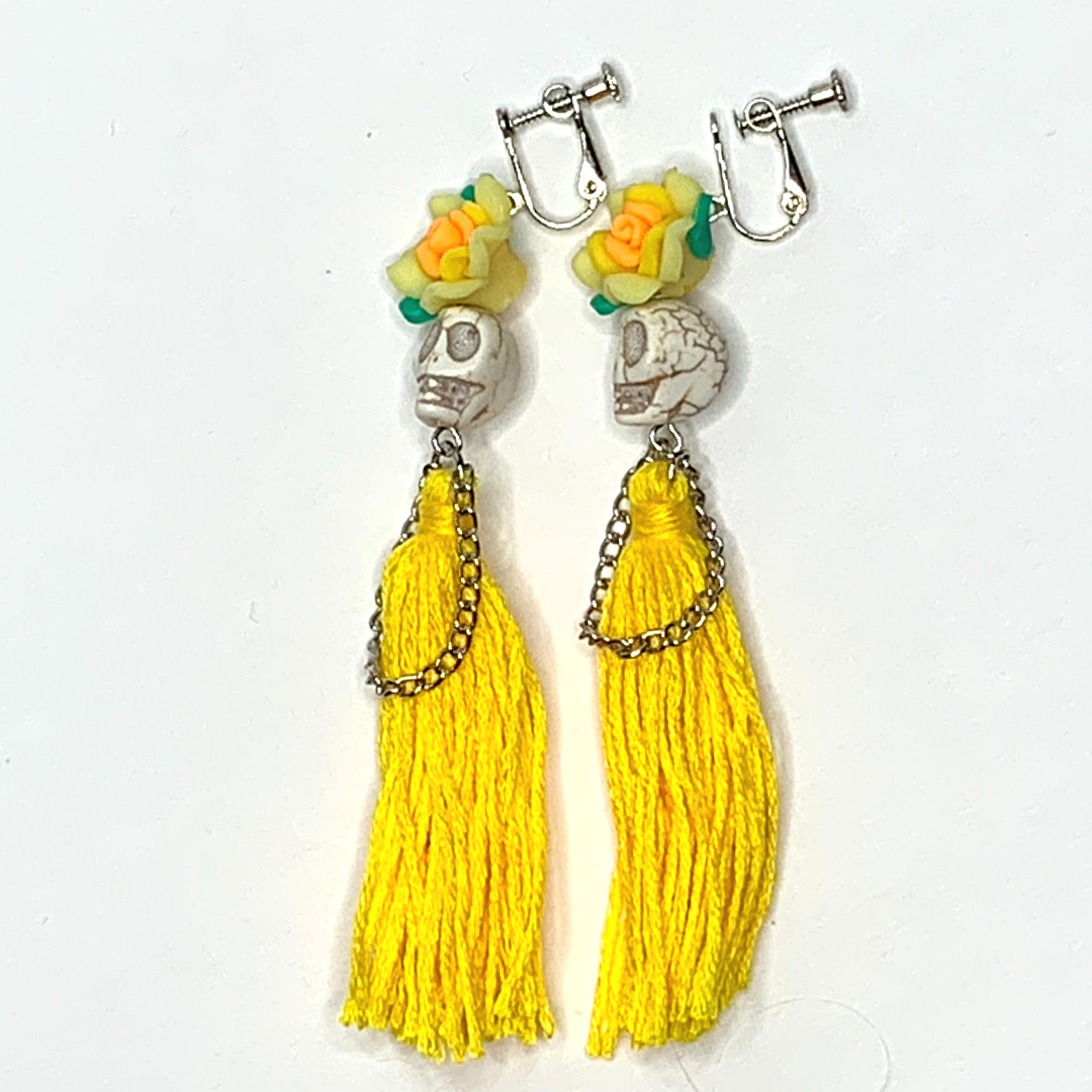 Yellow Flower Lady Handmade Tassel Skull Skeleton Clip On Earrings - Ella Moore