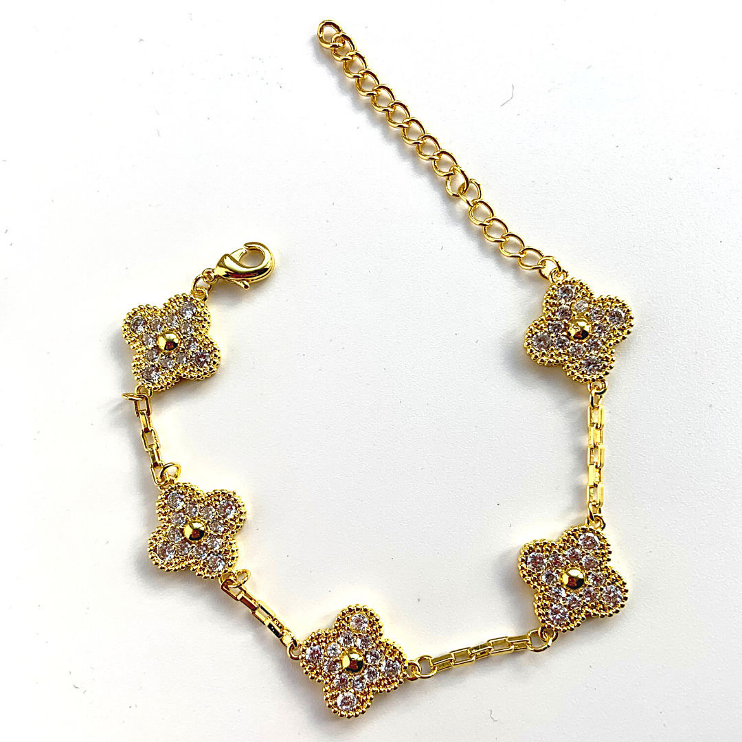 Yellow Gold Delicate CZ Four Leaf Clover-Bracelet - Ella Moore