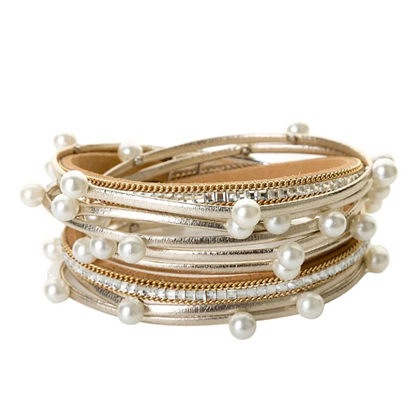 Shimmering  Yellow Gold Pearl Wrap Leather Bracelet - Ella Moore