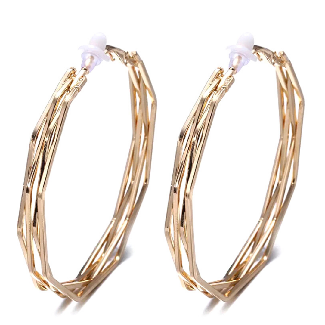 Yellow Gold Triple Geometric Large Hoop Clip On Earrings - Ella Moore