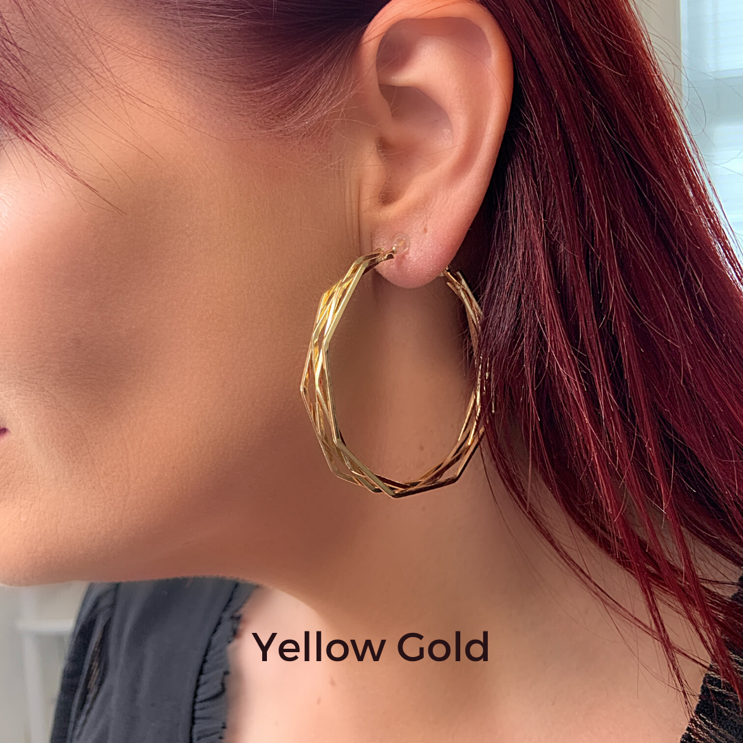 Yellow Gold Triple Geometric Large Hoop Clip On Earrings - Ella Moore