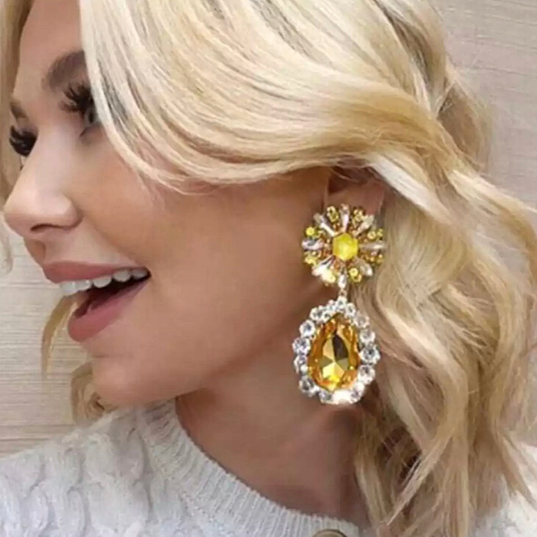 Yellow  Large Bold Glamorous Colorful Rhinestone Teardrop Earrings - Ella Moore