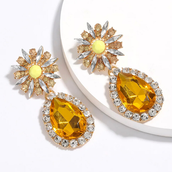 Yellow Large Bold Glamorous Colorful Rhinestone Teardrop Earrings - Ella Moore