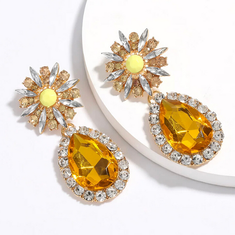 Yellow Large Bold Glamorous Colorful Rhinestone Teardrop Earrings - Ella Moore