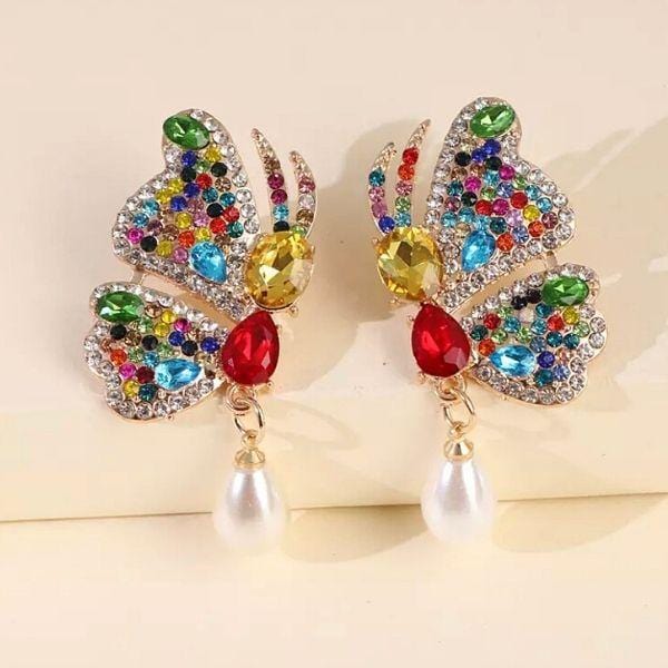 Yellow Red Colorful Pearl Butterfly Wing Earrings - Ella Moore