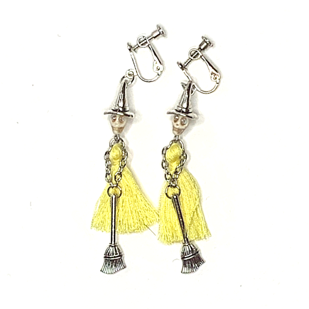 Yellow  Handmade Tassel Witch Skull Skeleton Halloween Clip On Earrings - Ella Moore