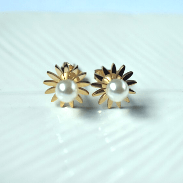  Stainless Steel Yellow Gold Sunflower Pearl Stud Earring - Ella Moore