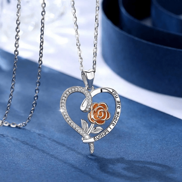 "You Are Were I Belong" Rose Sterling Silver Heart Necklace - Ella Moore