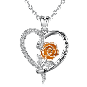 "You Are Were I Belong" Rose Sterling Silver Heart Necklace - Ella Moore